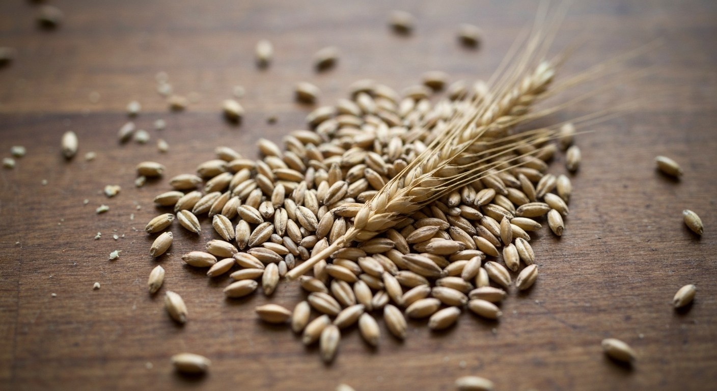Zrna pšenice, ječmene a žita na dřevěné desce, zdroje lepku v alkoholických nápojích