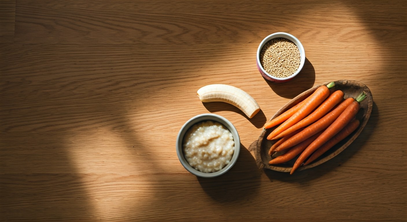 Bezlepkové potraviny pro kojence – rýžová kaše, banán, mrkev a quinoa