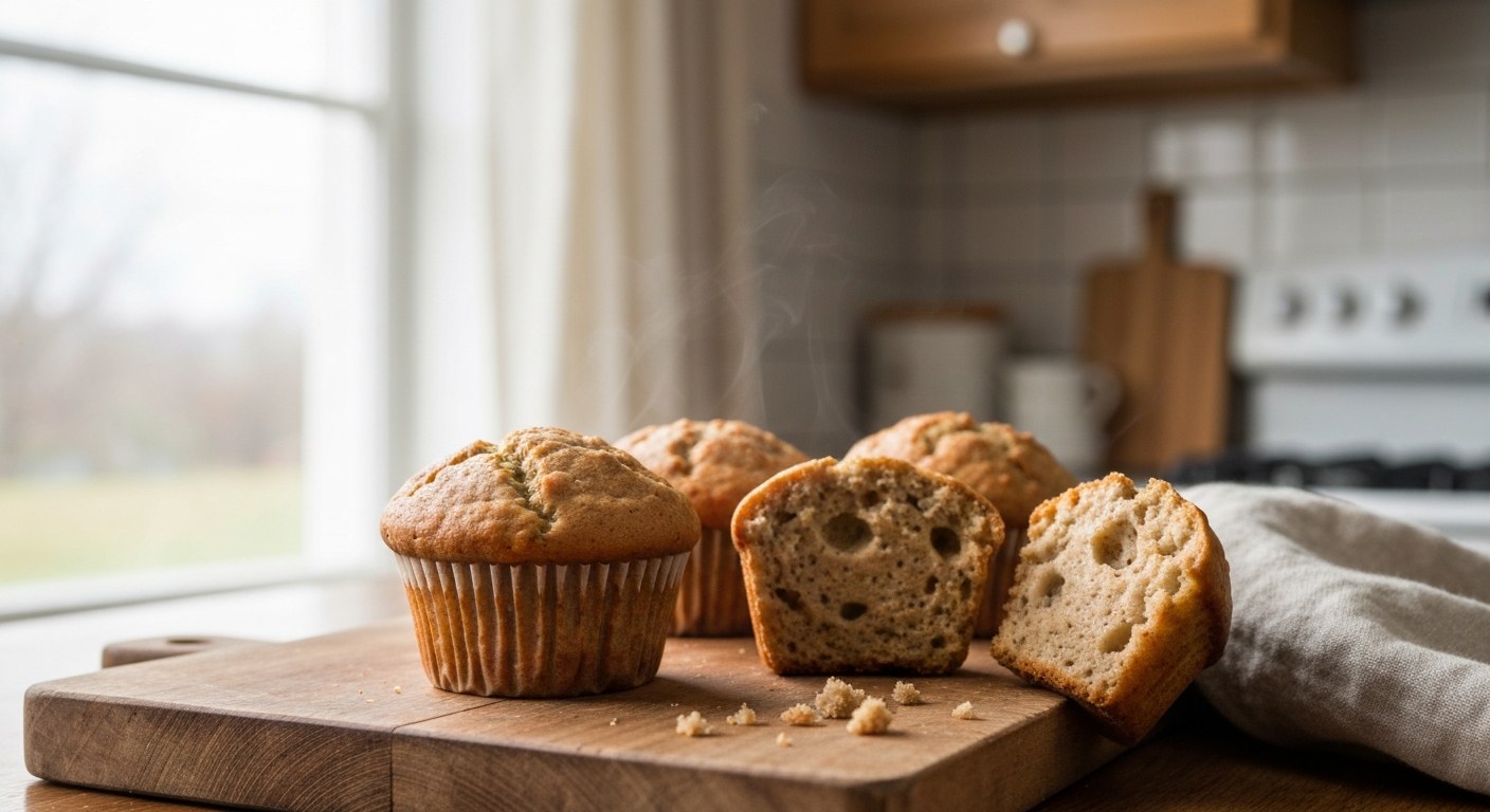 Čerstvě upečené bezlepkové banánové muffiny na dřevěném prkénku, jeden rozkrojený