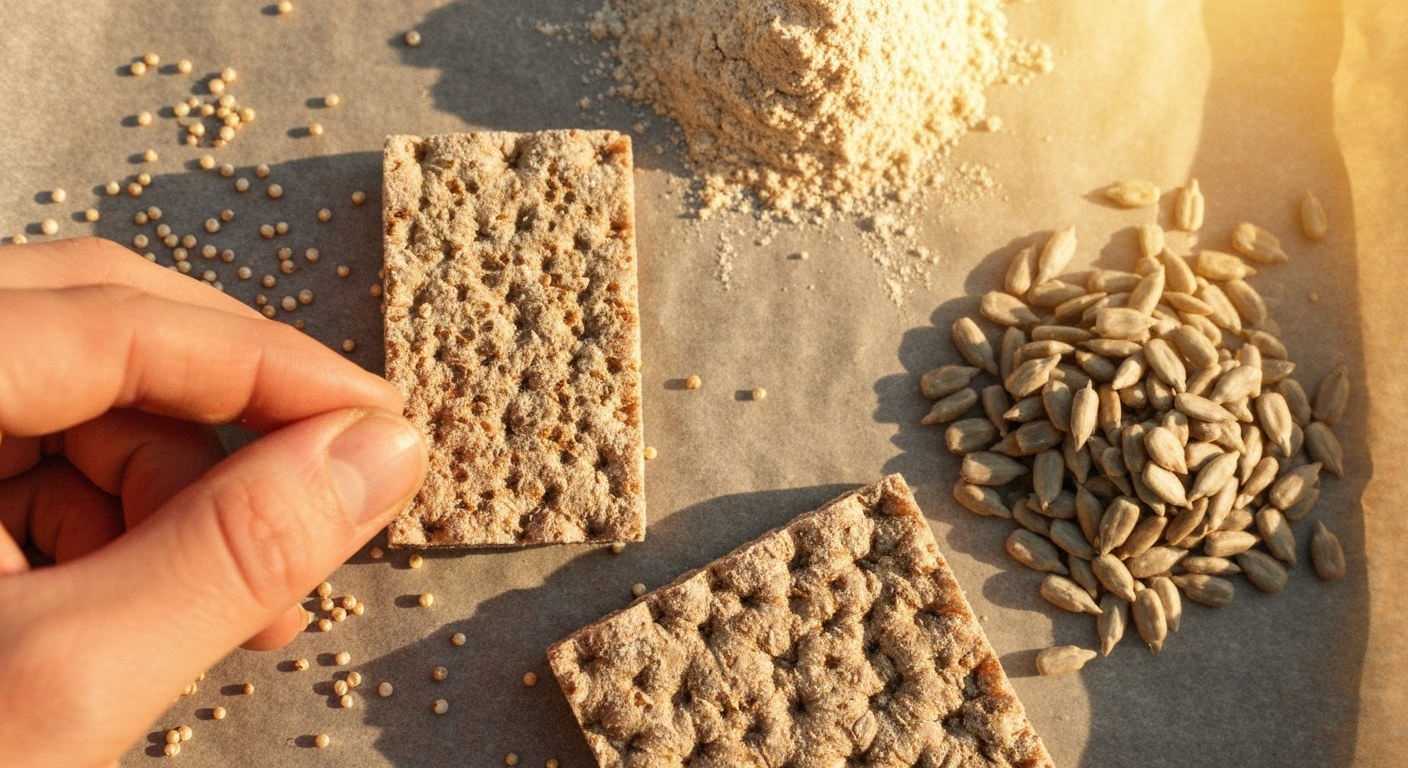 Suroviny pro bezlepkový knackebrot Bezlepkový knackebrot se semínky a bezlepkovou moukou na pergamenovém papíře