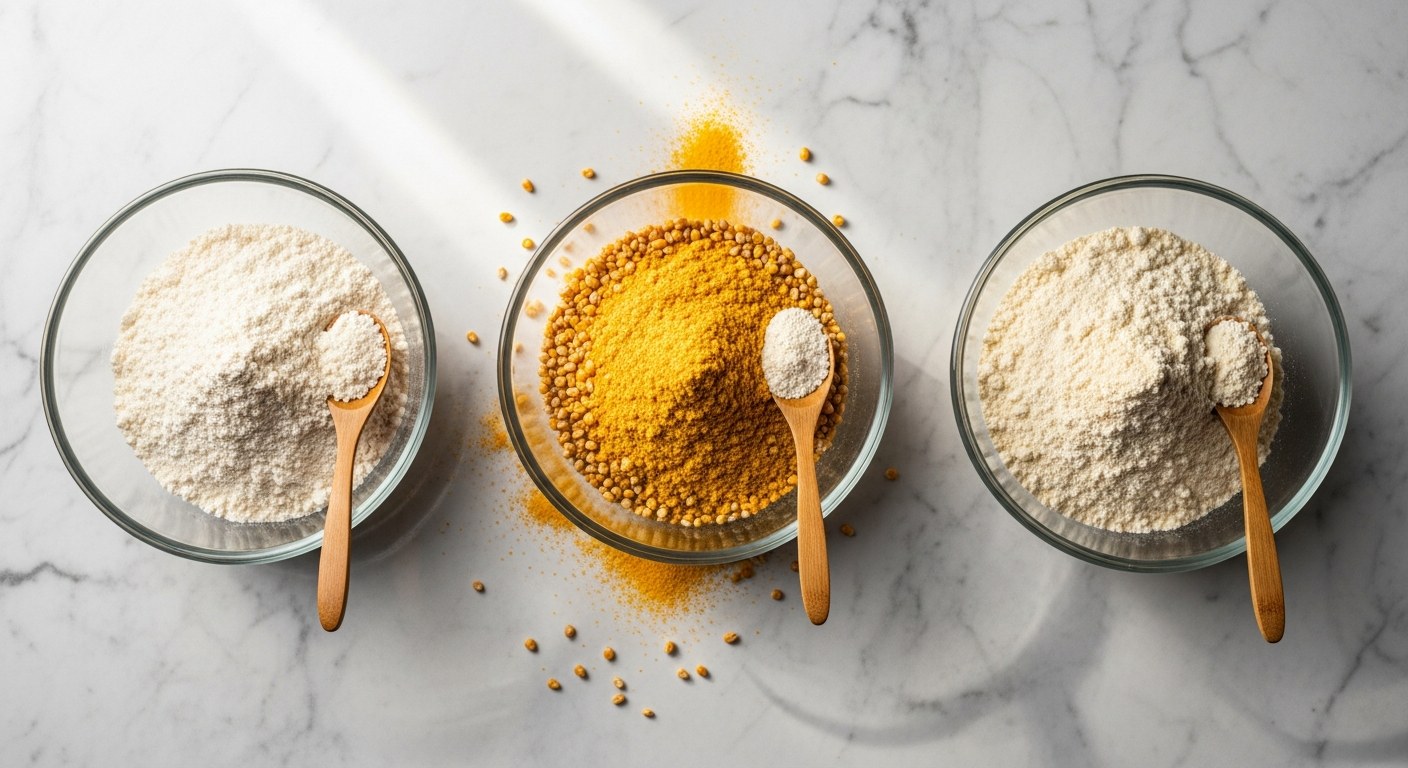 Tři druhy bezlepkové mouky - rýžová, kukuřičná a bramborová v miskách na mramoru