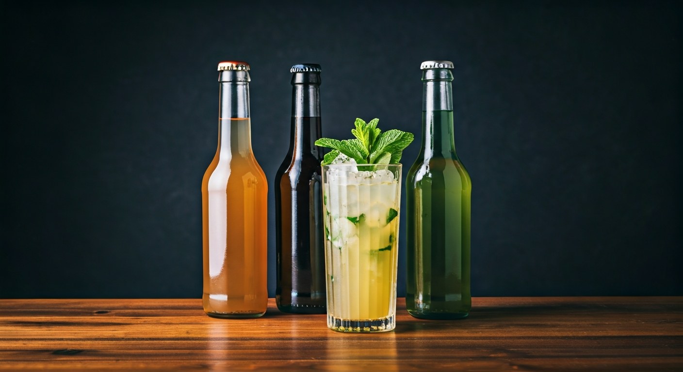 Tři lahve zázvorového piva s koktejly Moscow Mule, led a limetka