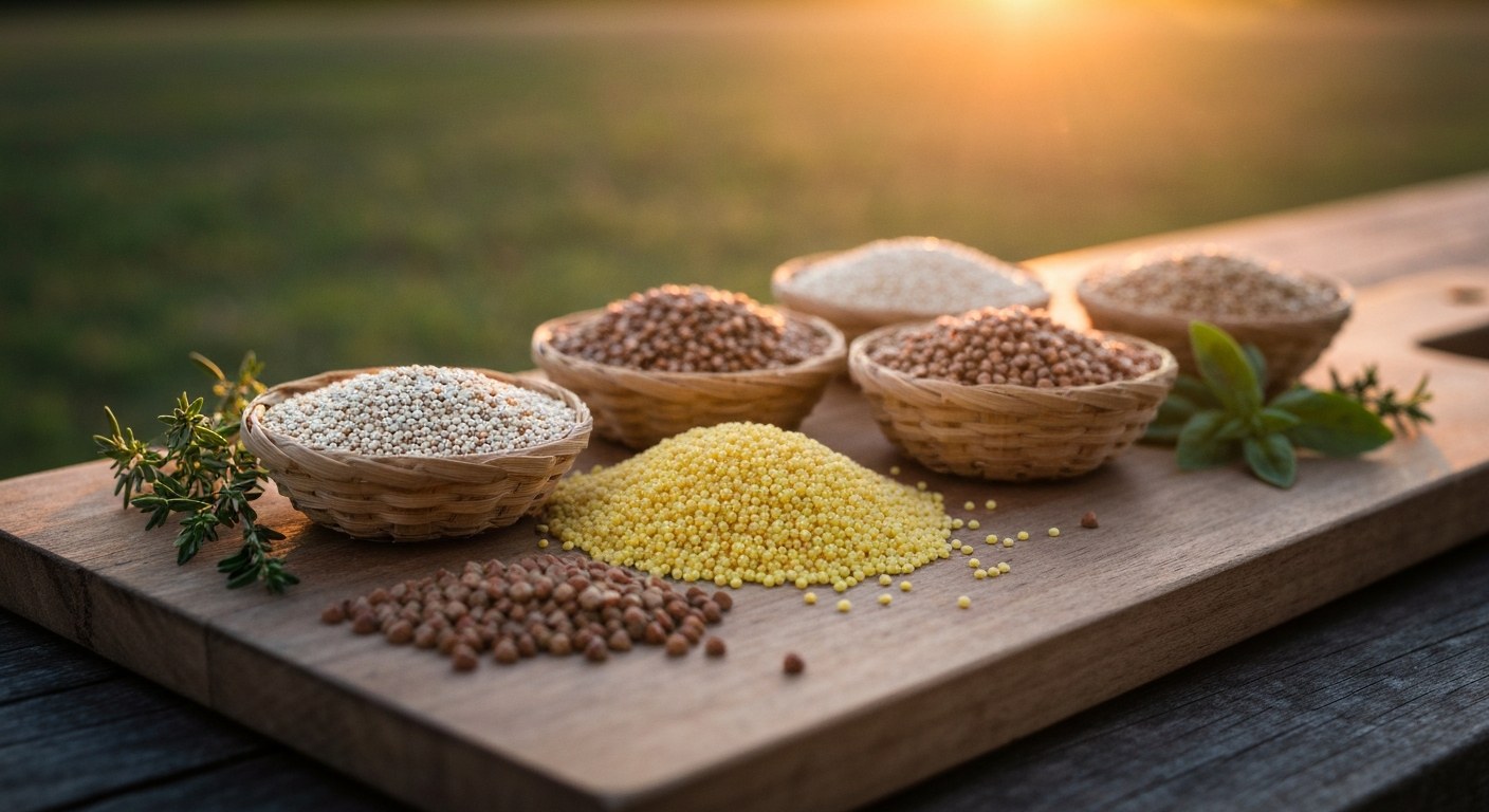 Bezlepkové obiloviny jako quinoa a proso v proutěných košících