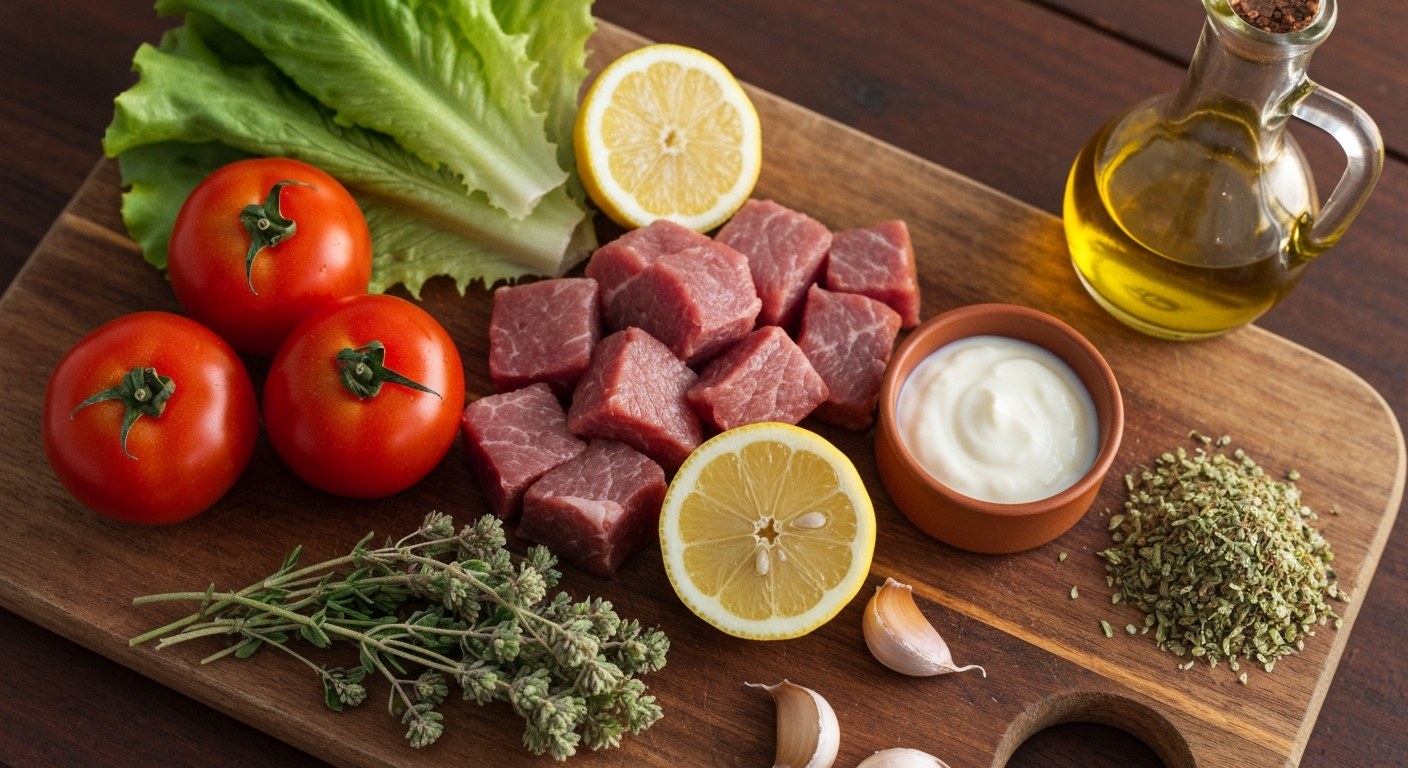 Čerstvé suroviny na kebab na dřevěném prkénku z ptačí perspektivy