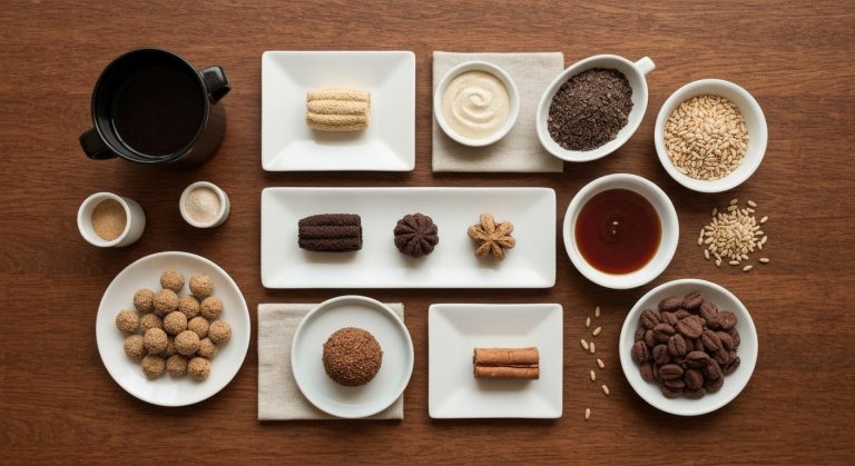 Pět skleněných misek s různými bezlepkovými moukami na dřevěném stole s vejcem a lžící