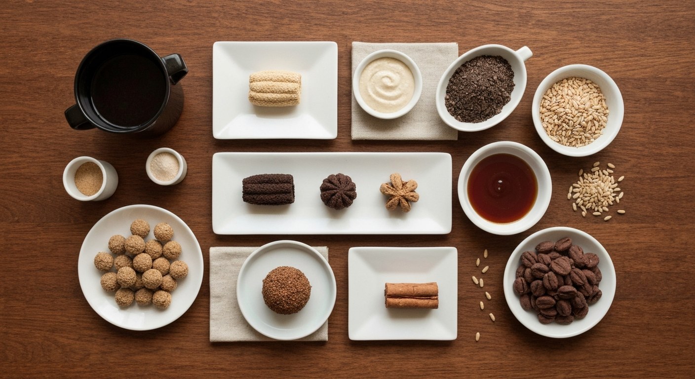 Pět skleněných misek s různými bezlepkovými moukami na dřevěném stole s vejcem a lžící