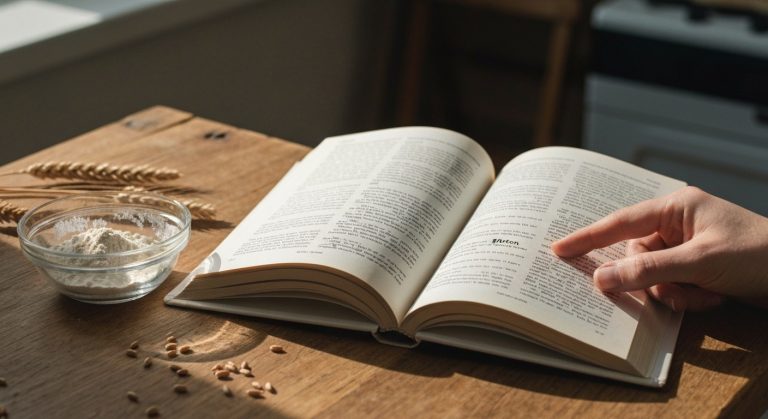 Otevřený česko-anglický slovník na dubovém stole s pšeničnými zrny, ruka ukazuje na slovo gluten