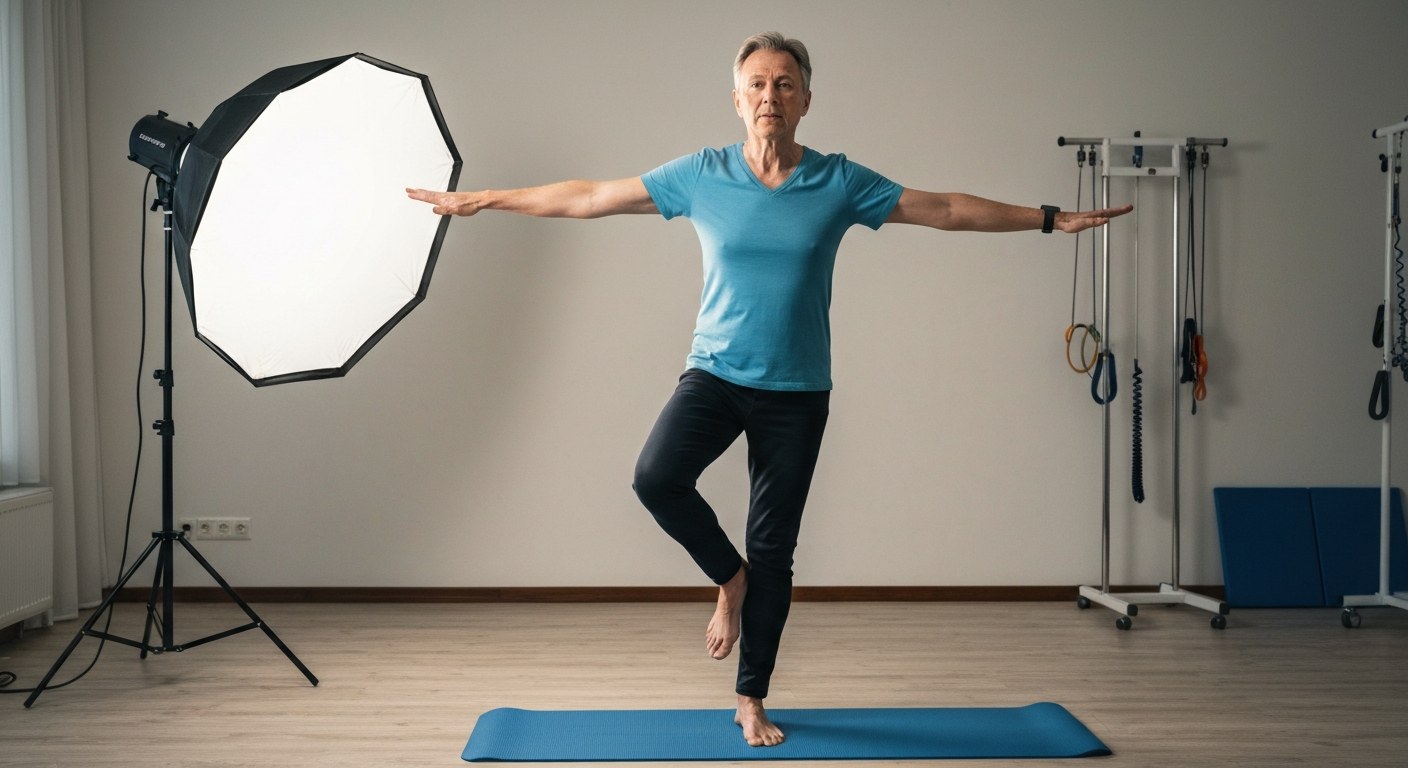 Osoba během testu rovnováhy ve fyzioterapeutické ordinaci, jedna noha zvednutá