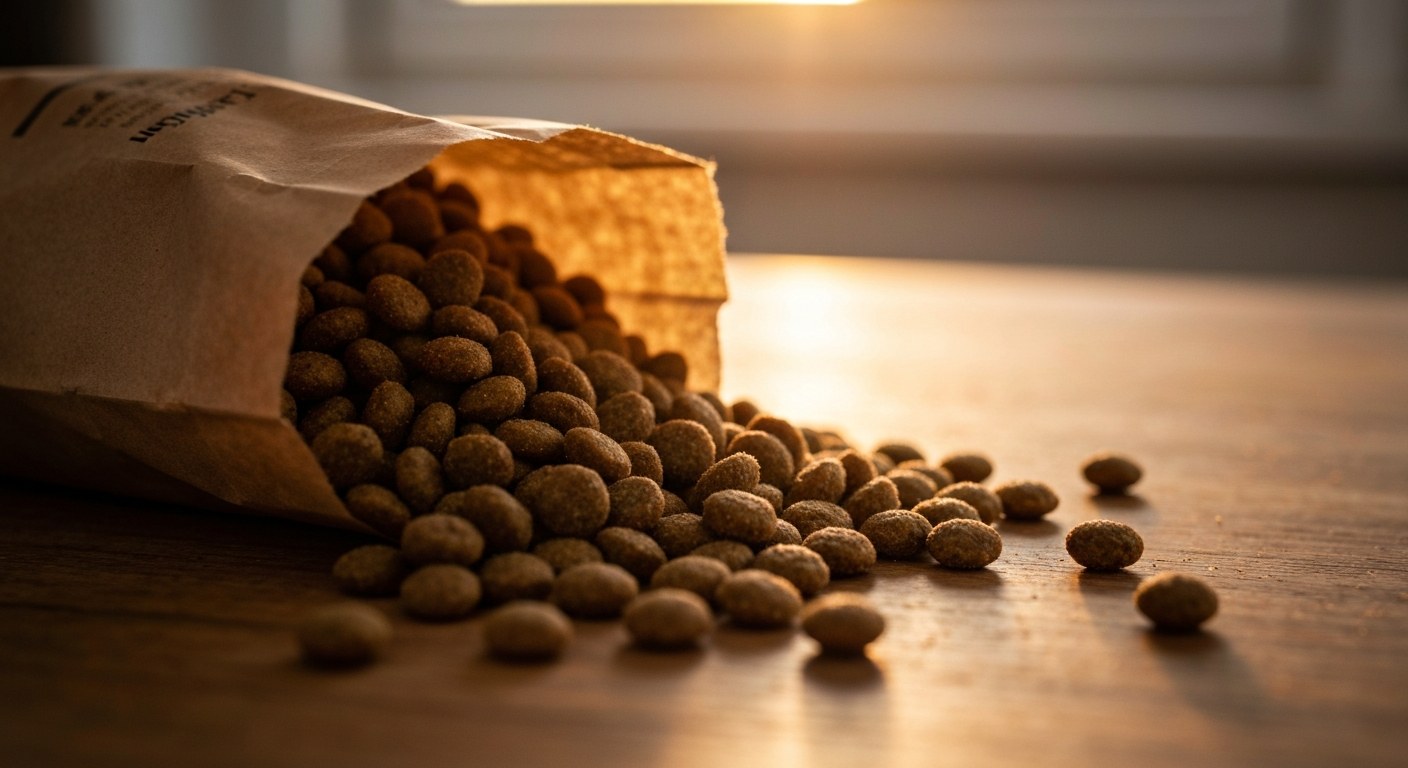 Detail suchých granulí krmiva s viditelnou texturou na dřevěném stole