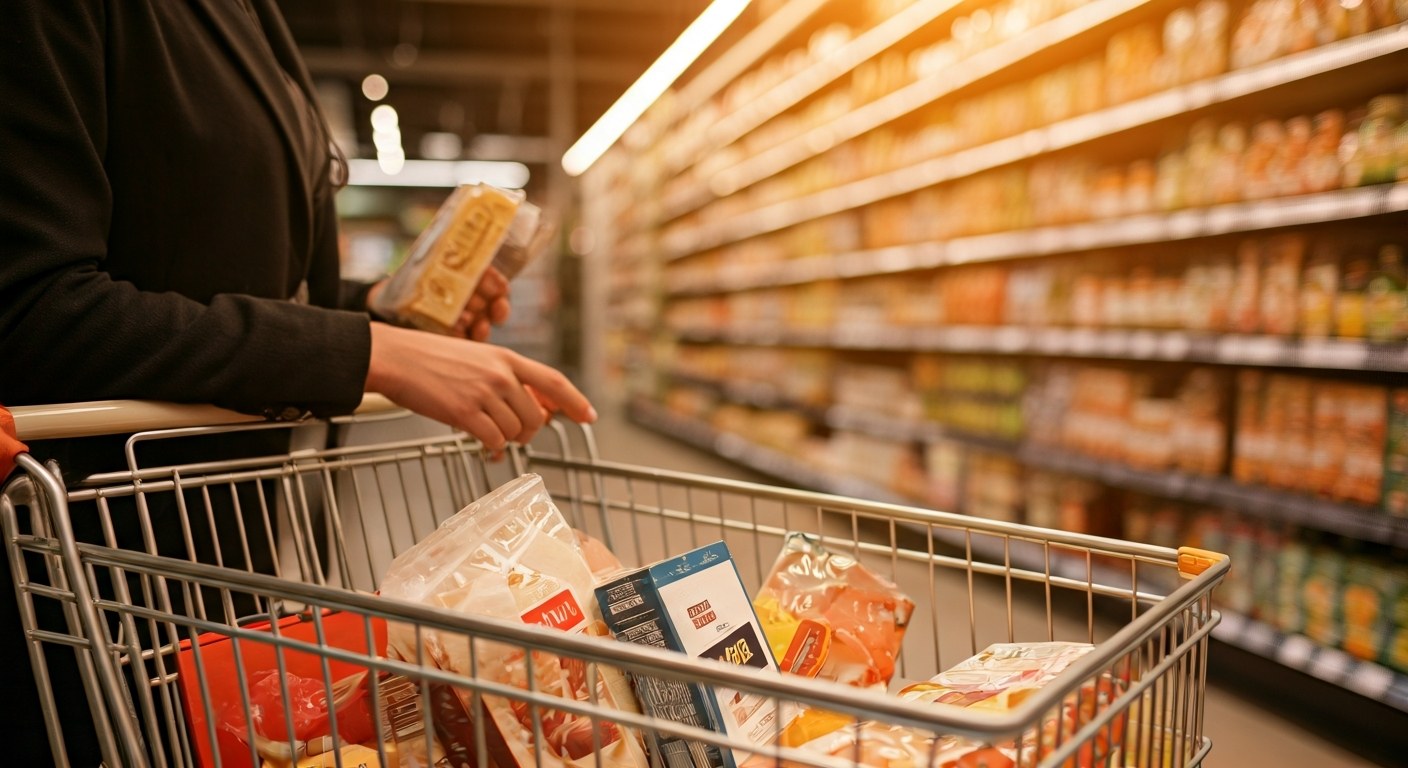 Nákupní vozík s potravinami v supermarketové uličce