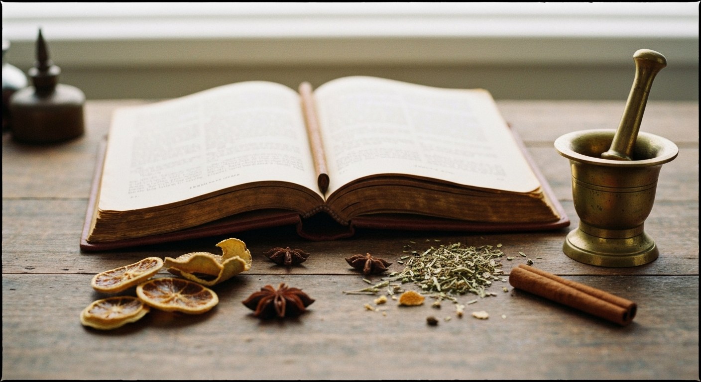 Stará lékárnická kniha receptů s bylinkami na dřevěném stole