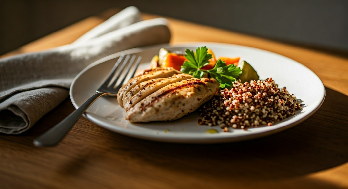 Barevný bezlepkový oběd na bílém talíři s grilovaným kuřetem, zeleninou a quinou při zlatém slunečním světle