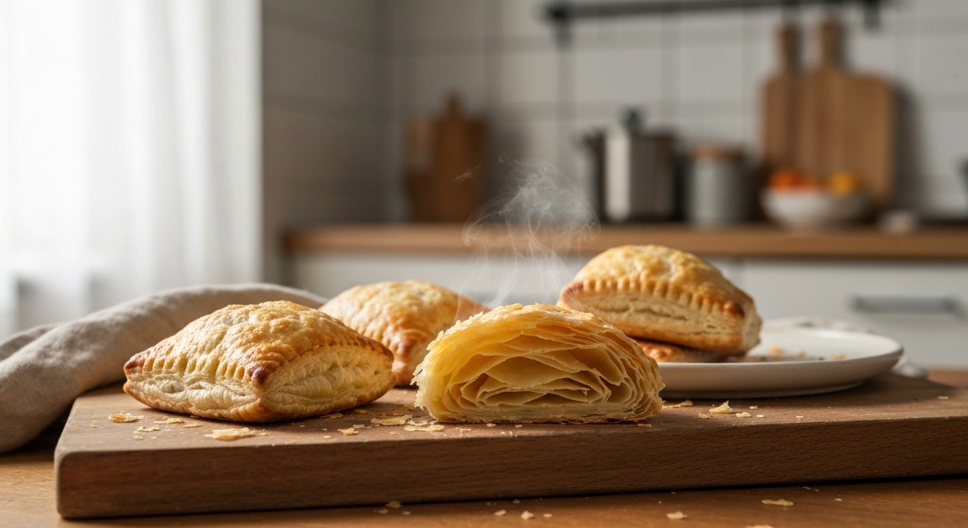 Listové těsto bez lepku: Recept, rady a kde koupit 2026 1 Zlatohnědé bezlepkové listové taštičky na dřevěném prkénku, jedna rozkrojená s viditelnými vrstvami