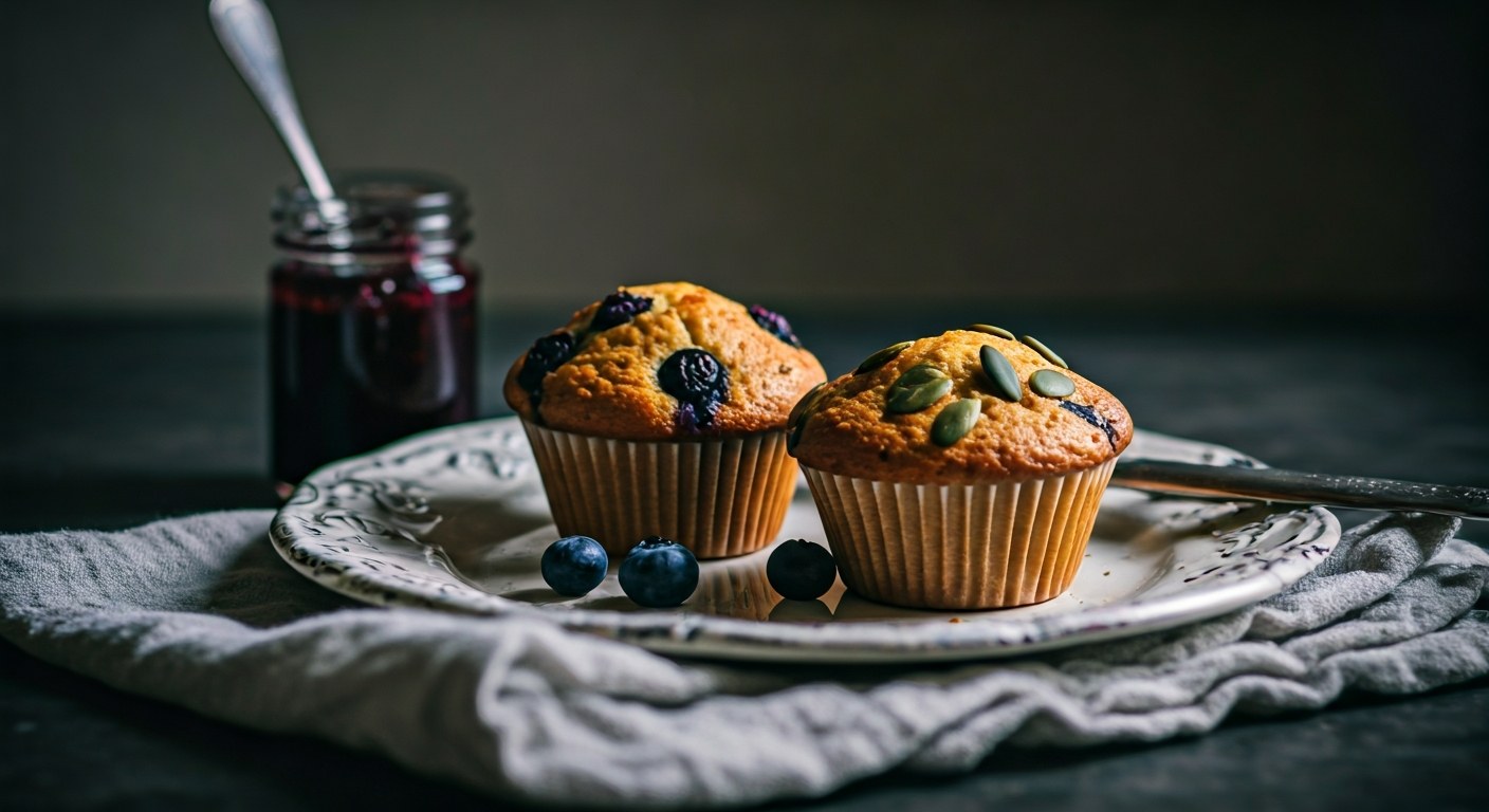Servírované muffiny vhodné pro alergiky Dekoračně upravené bezlepkové muffiny s borůvkami a semínky na vintage talíři
