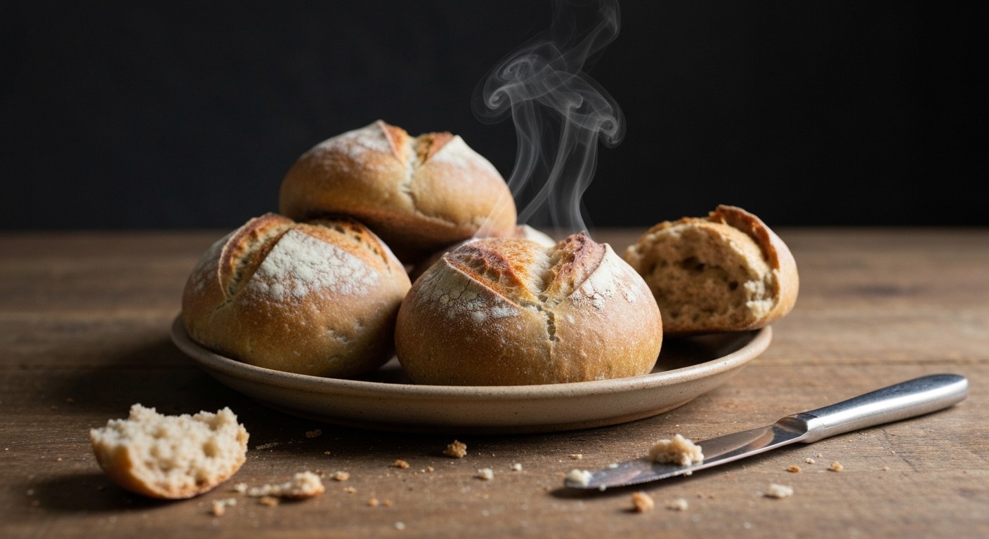 Čerstvě upečené bezlepkové kváskové rohlíky na keramickém talíři s párou
