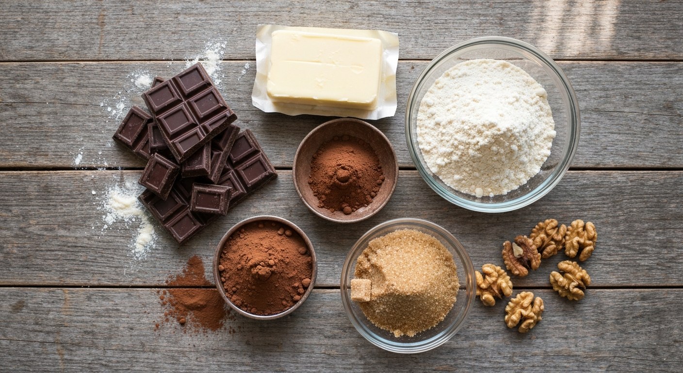 Přehled ingrediencí pro bezlepkové brownies na dřevěném stole