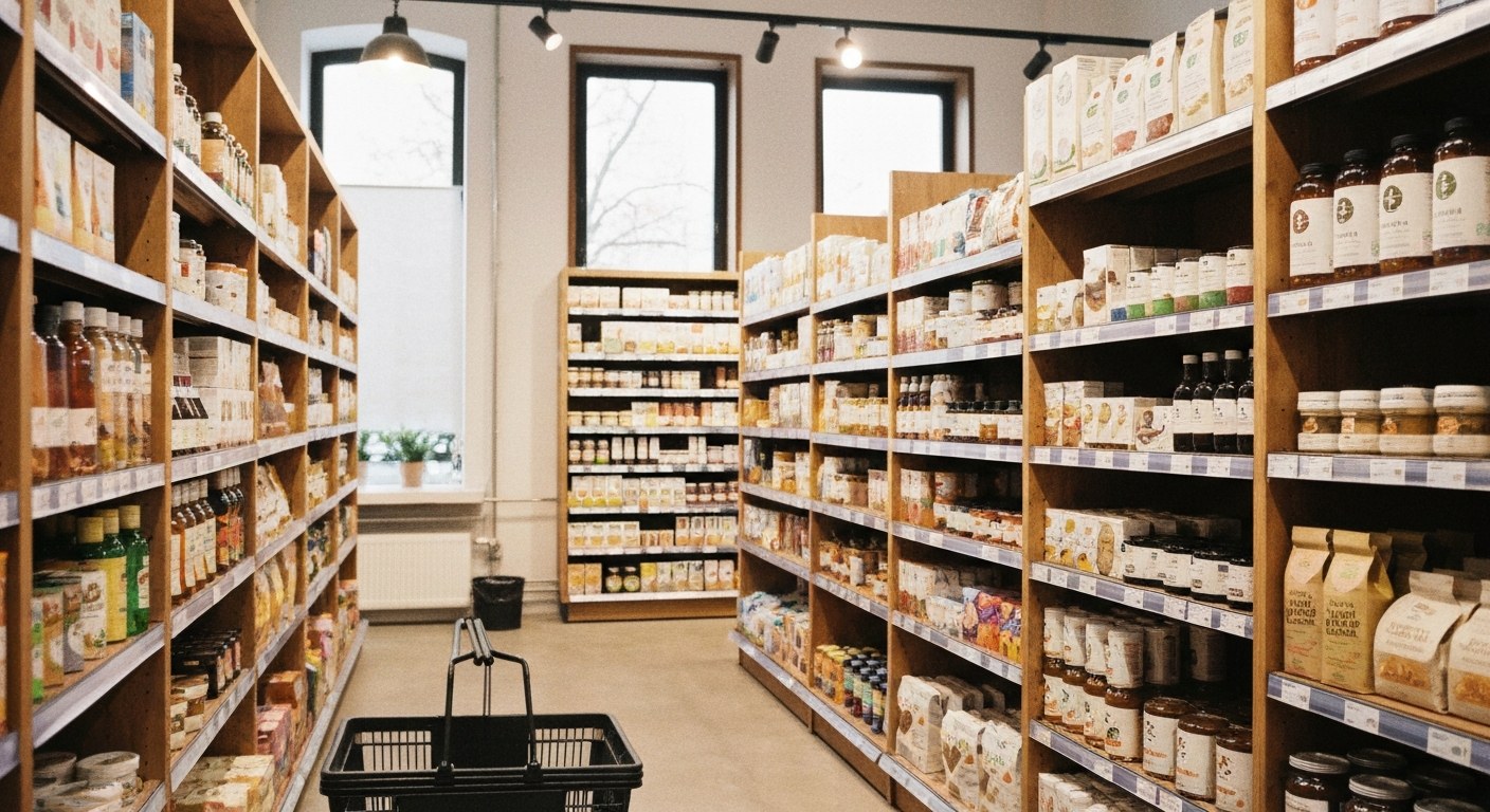 Interiér bezlepkové prodejny s regály plnými produktů