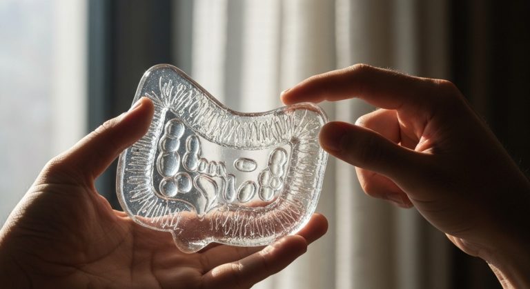 Ruce držící průhledný anatomický model střevních klků u okna