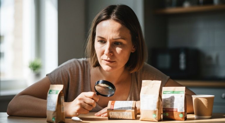 Žena u kuchyňského stolu zkoumá složení potravin lupou