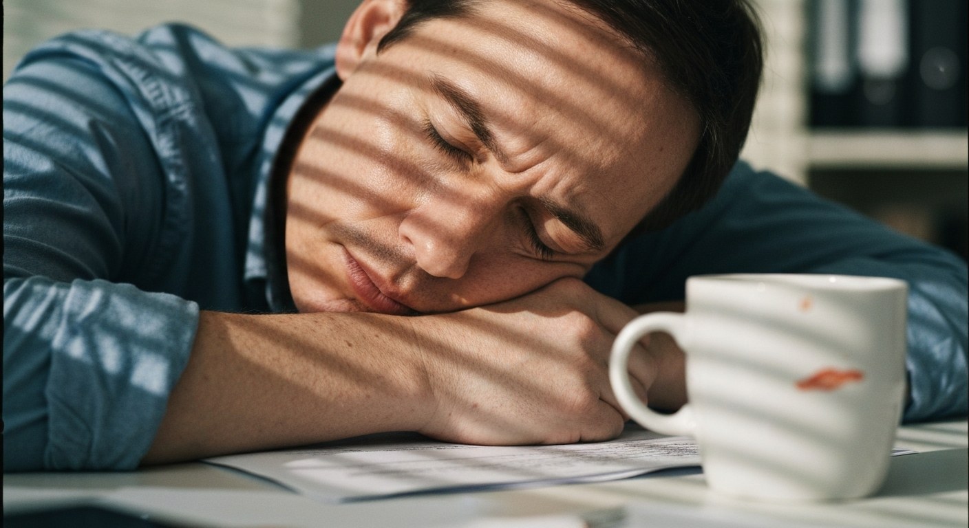 Unavená osoba sedící u pracovního stolu s hlavou v dlaních