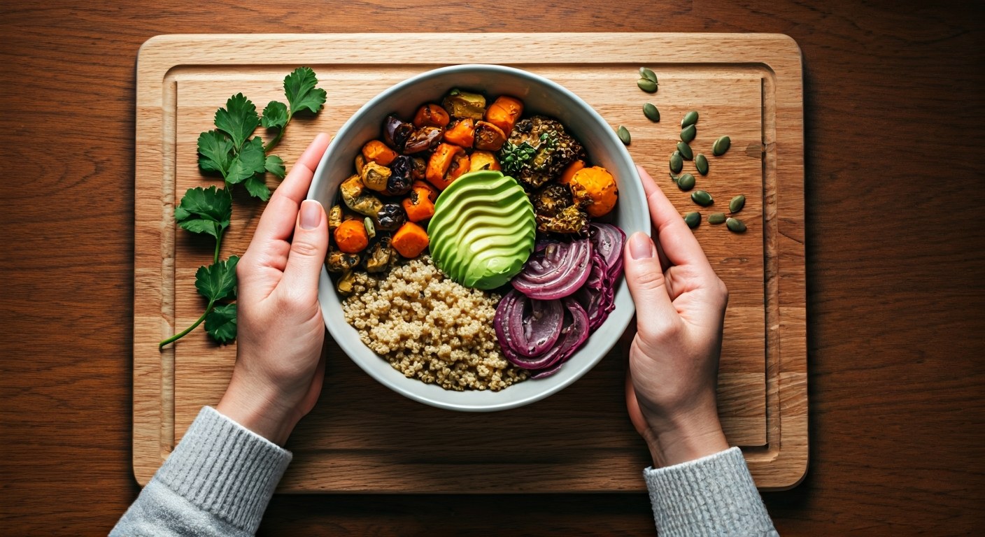 Ruce připravující barevné bezlepkové jídlo s quinoou a zeleninou