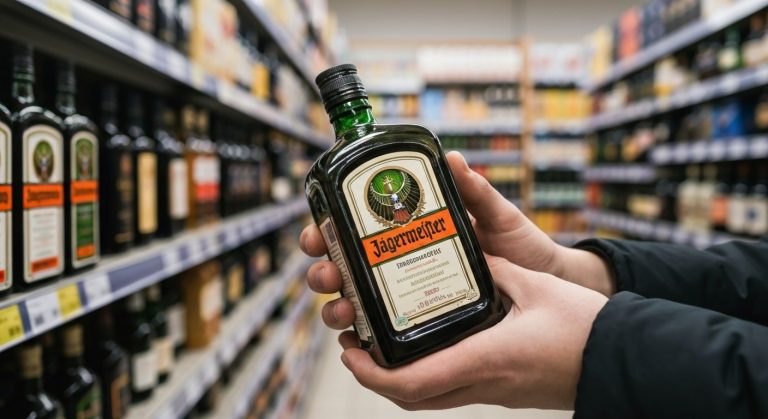 Ruce zkoumající láhev Jägermeisteru v obchodě s alkoholem