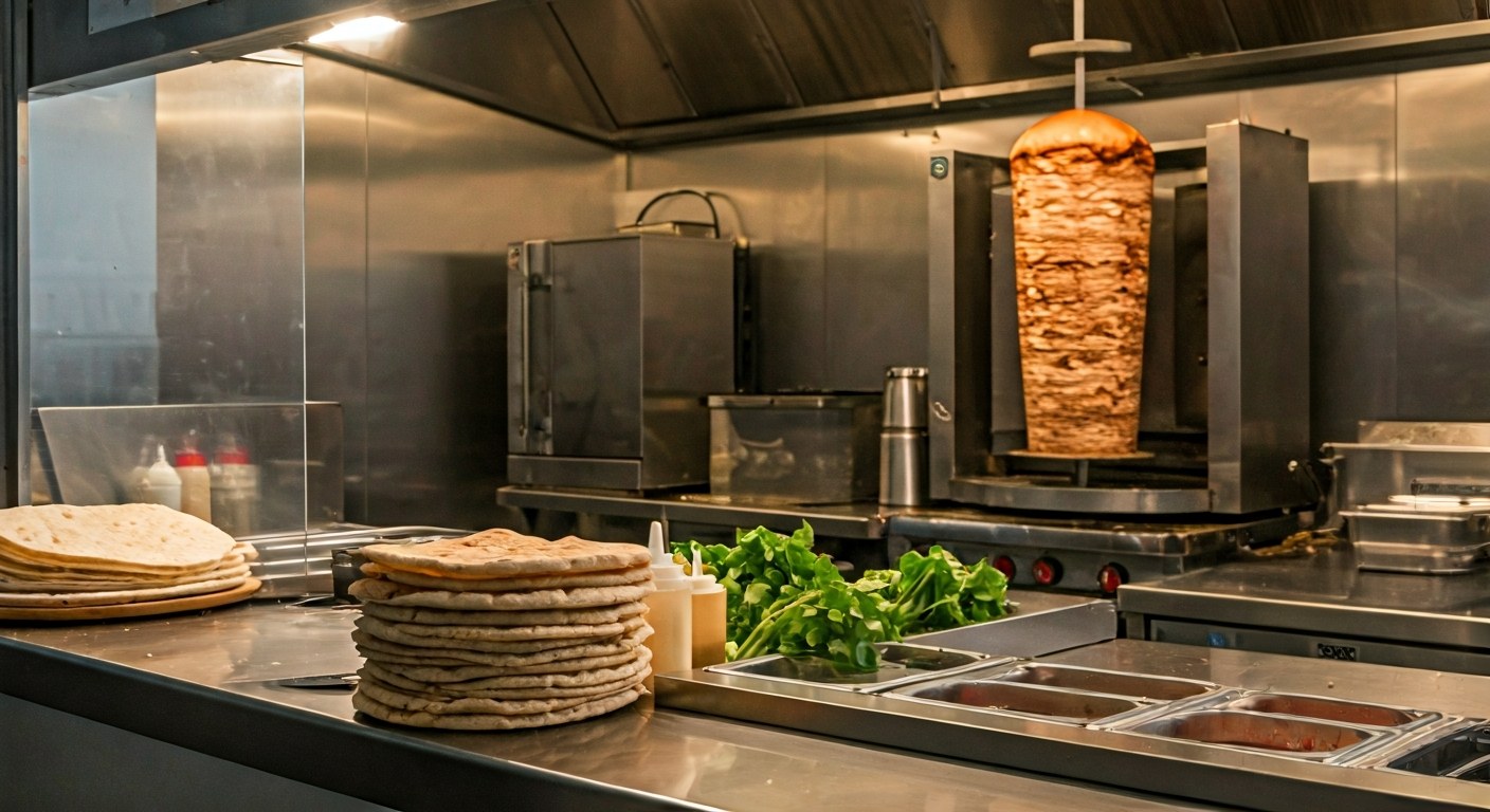 Kuchyň kebab restaurace s oddělenými pracovními zónami pro bezpečnost
