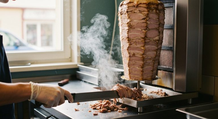 Vertikální doner kebab na rožni s nožem při krájení v kuchyni