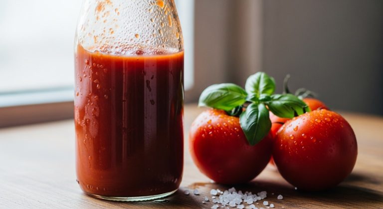 Skleněná láhev červeného kečupu na dřevěné kuchyňské lince s čerstvými rajčaty