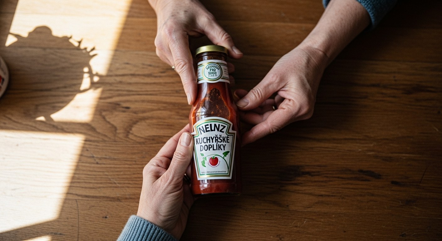 Ruce drží láhev kečupu a kontrolují složení na etiketě v kuchyni