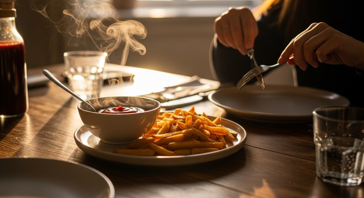Rodinný stůl s hranolky a miskou bezlepkového kečupu při zlaté hodině