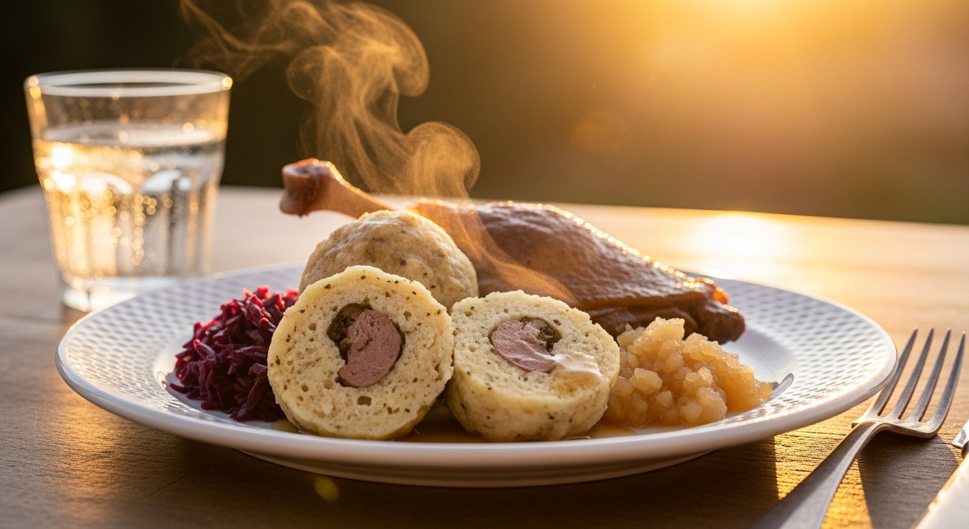 Krajíce bramborového knedlíku s kachnou a červeným zelím na bílém talíři