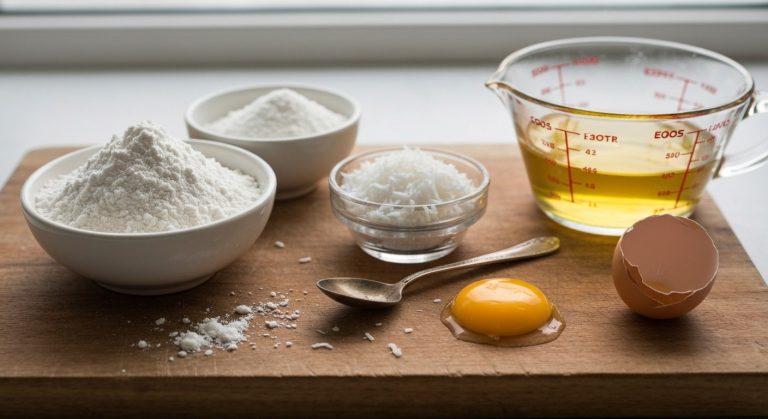 Ingredience na kokosové sušenky na dřevěné desce: kokosová mouka, strouhaný kokos, kokosový olej a vejce