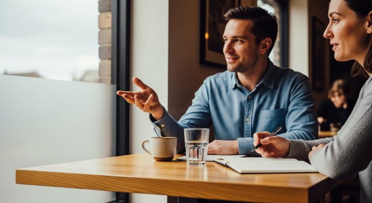 Dva lidé u stolu v kavárně během přátelského rozhovoru o bezlepkové dietě