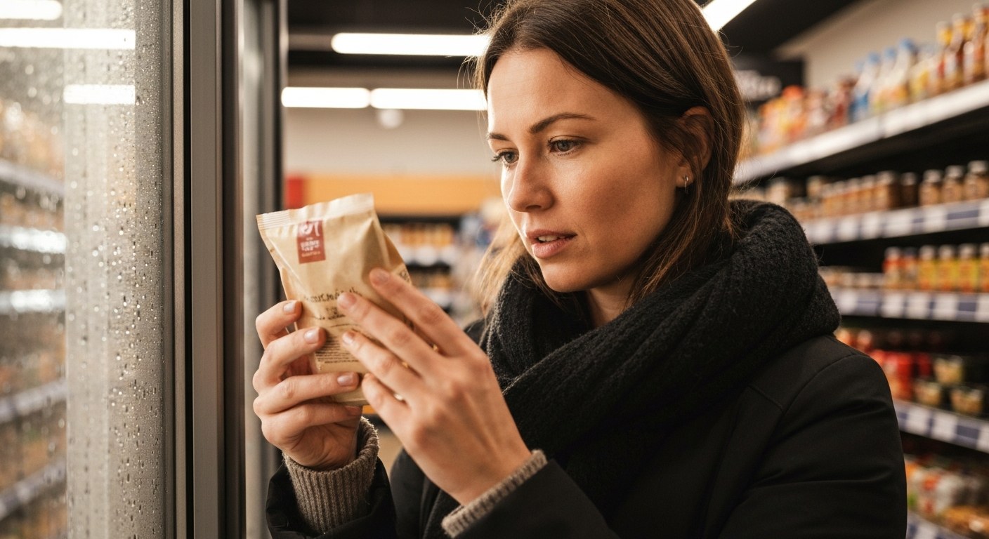 Žena v supermarketu zkoumá obal potraviny a kontroluje složení na přítomnost lepku