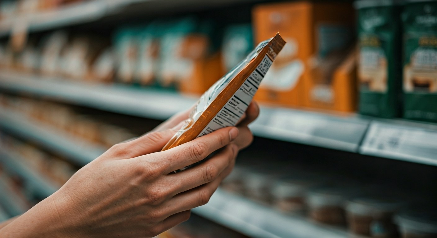 Ruce kontrolující složení potravin v obchodě při výběru bezlepkových produktů