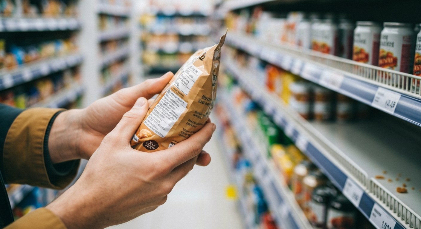 Ruce kontrolující složení produktu v obchodě při nákupu bezlepkových potravin