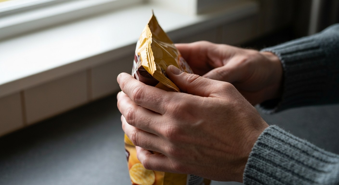 Kontrola etikety bezlepkového výrobku Ruce držící obal chipsů při kontrole složení a certifikace bez lepku