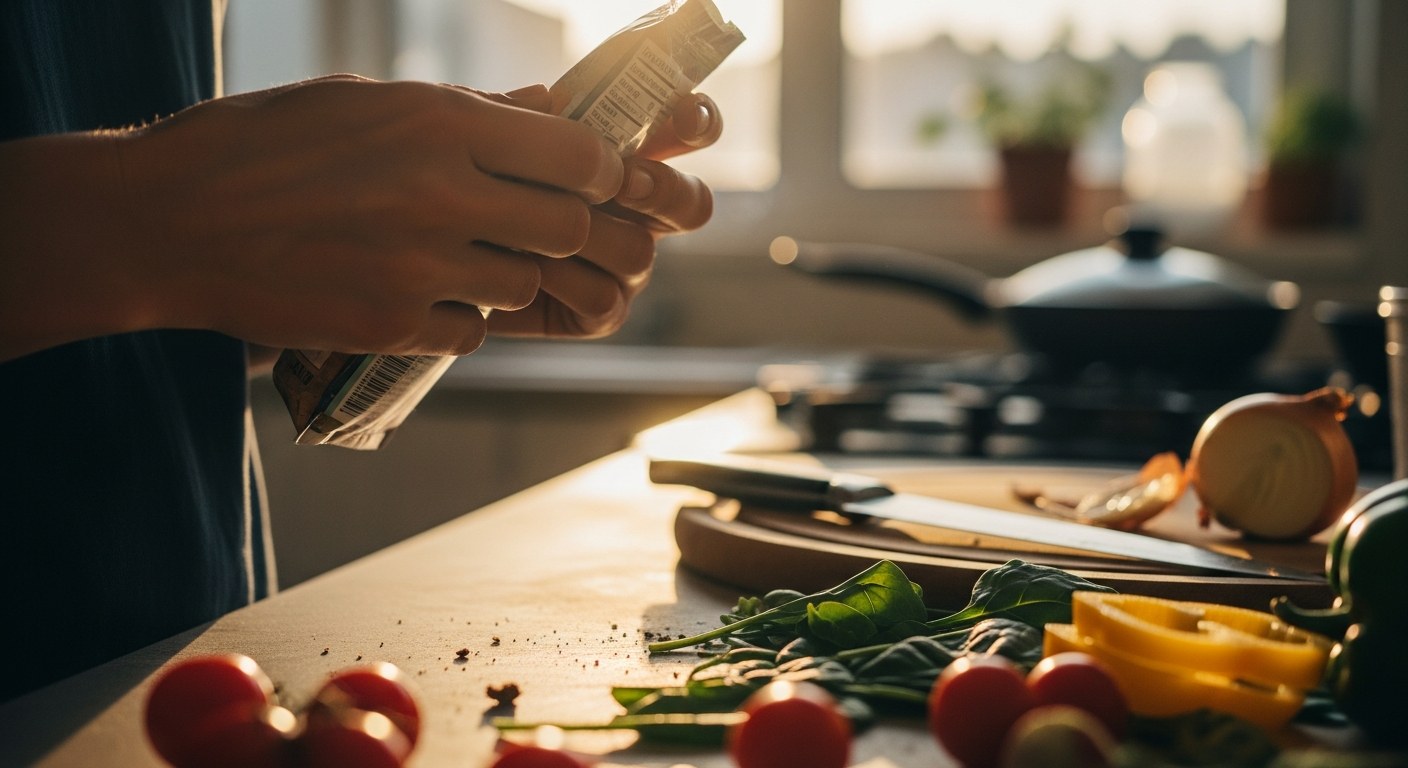 Ruce zkoumají složení potravinového produktu při nákupu bezlepkových potravin
