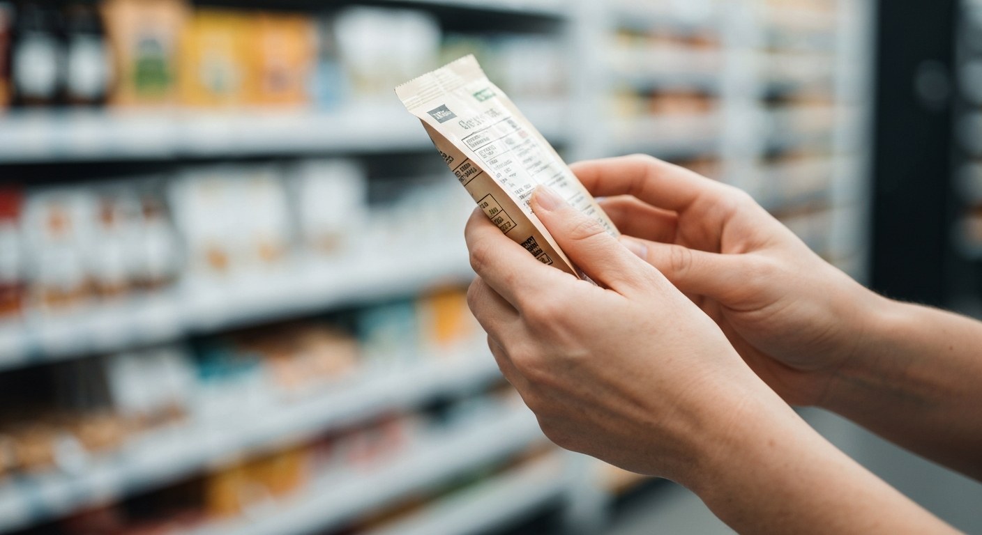 Ruce zákazníka zkoumající složení bezlepkového produktu před nákupem