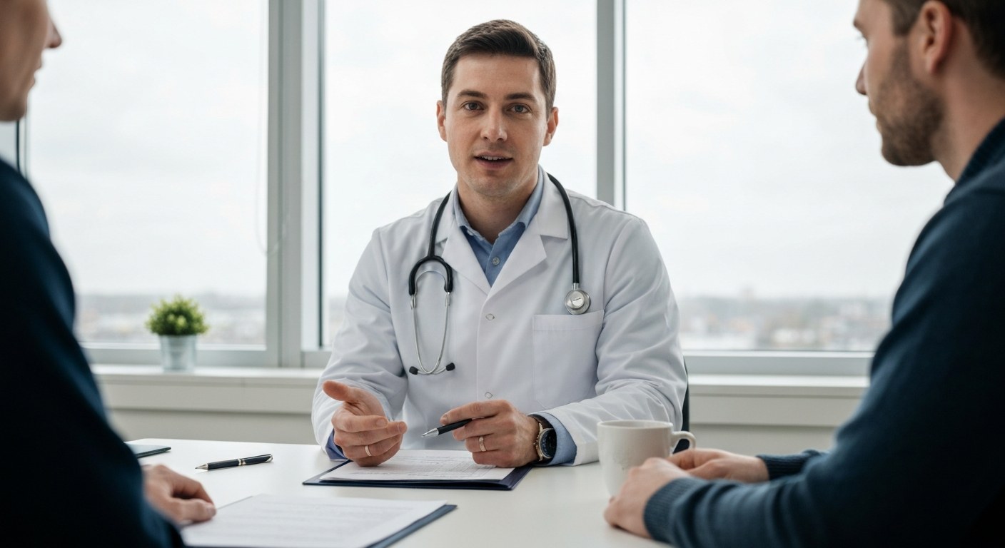 Gastroenterolog vysvětluje pacientovi výsledky vyšetření na celiakii v ordinaci
