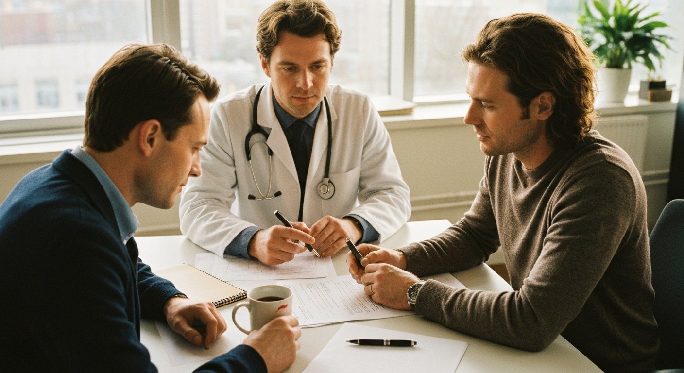 Lékař a pacient diskutují o výsledcích testů v ordinaci při západu slunce