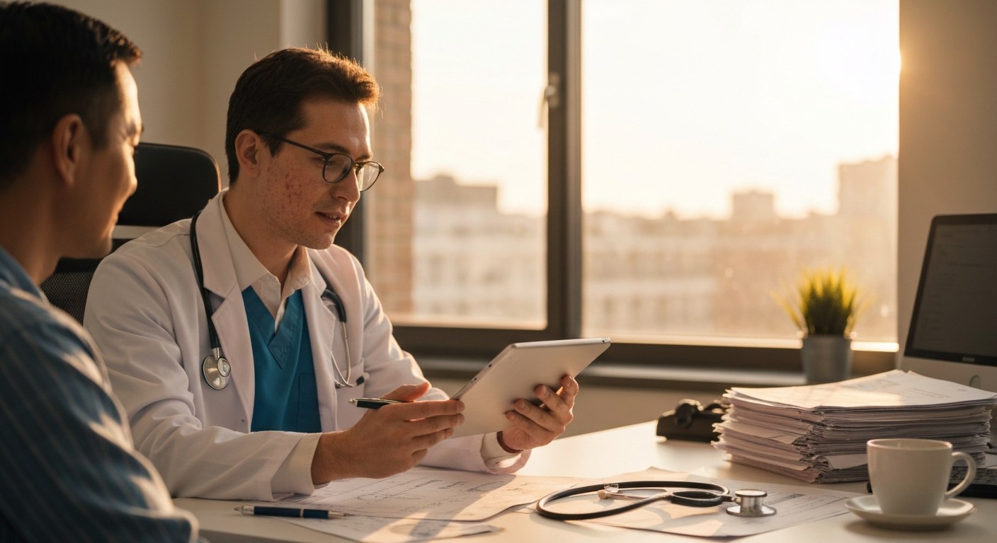 Lékař vysvětluje pacientovi výsledky testů na celiakii v ordinaci