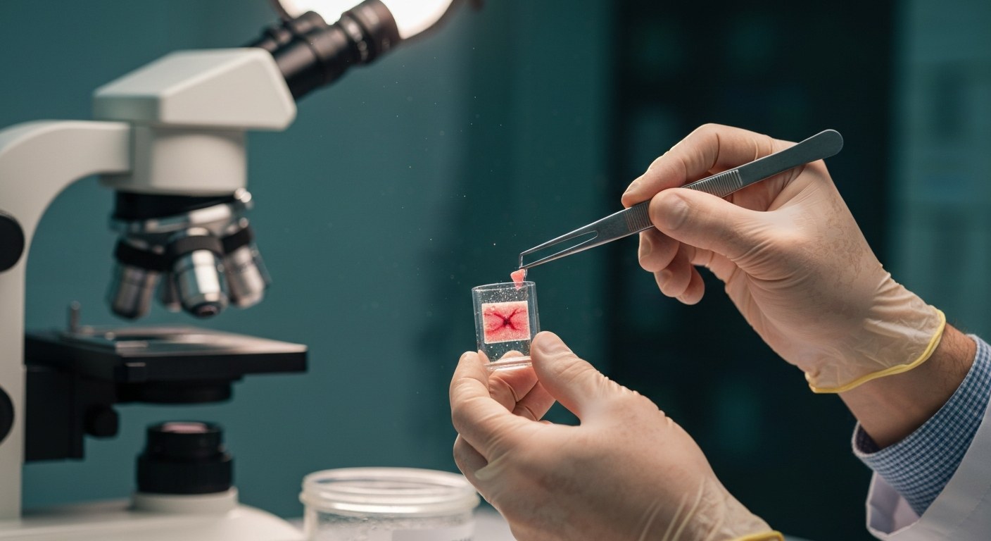 Lékařské ruce v rukavicích drží kožní biopsii v laboratorním prostředí