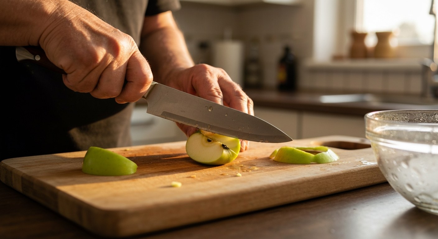 Ruce krájí zelená jablka Granny Smith na dřevěném prkénku