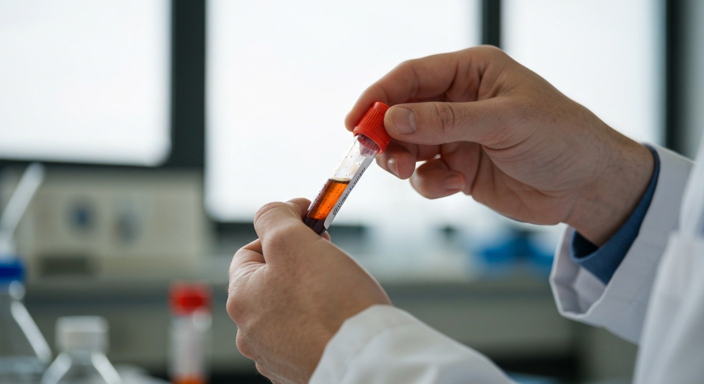 Ruce zdravotní sestry drží zkumavku s krevním sérem připravenou k testování protilátek