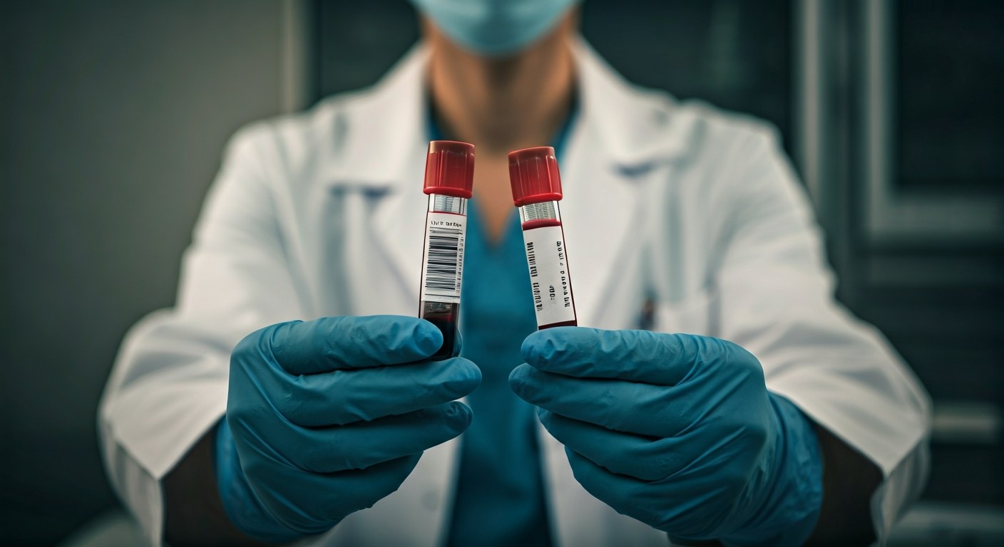 Ruce zdravotníka držící krevní vzorky v laboratorním prostředí