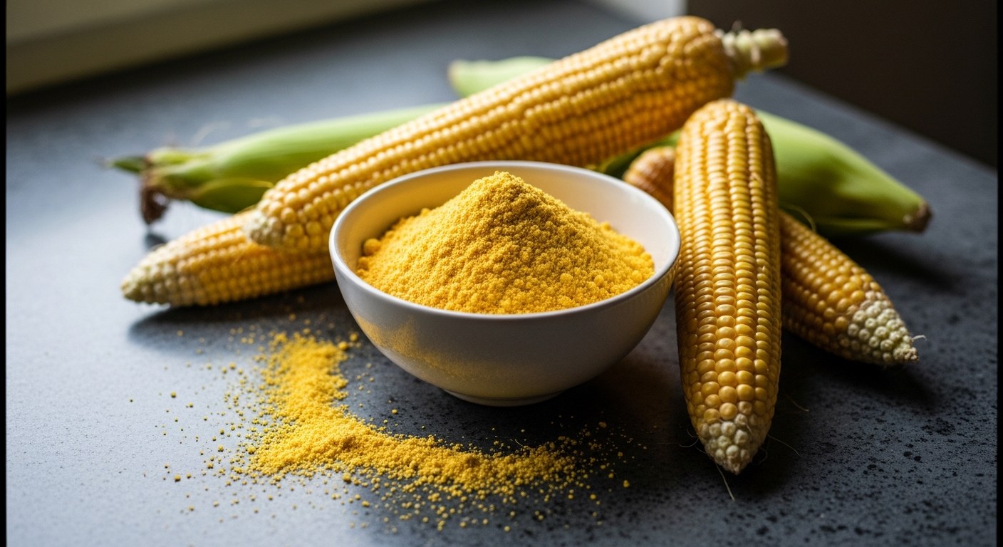 Kukuřičná mouka v keramické misce s klasy kukuřice na kamenné desce