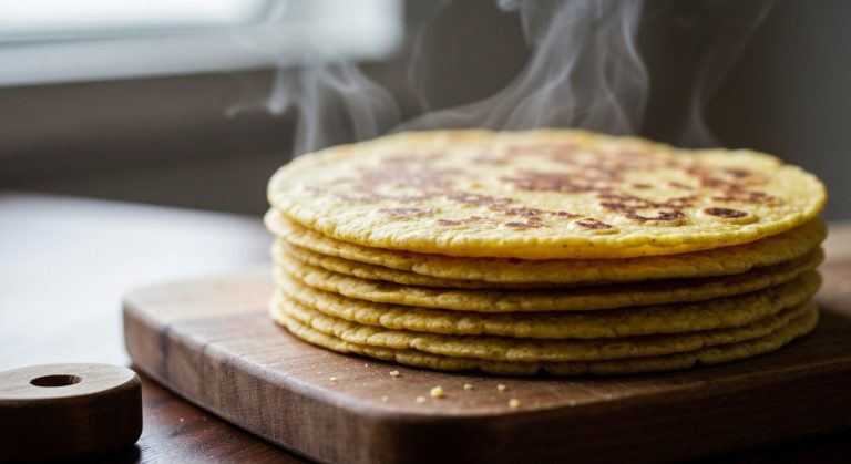 Stoh čerstvě upečených kukuřičných placek na dřevěném prkénku s viditelnou párou