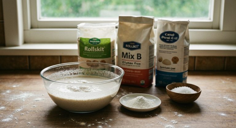 Skleněná mísa s aktivním kváskem vedle bezlepkových mouček na dřevěné kuchyňské lince